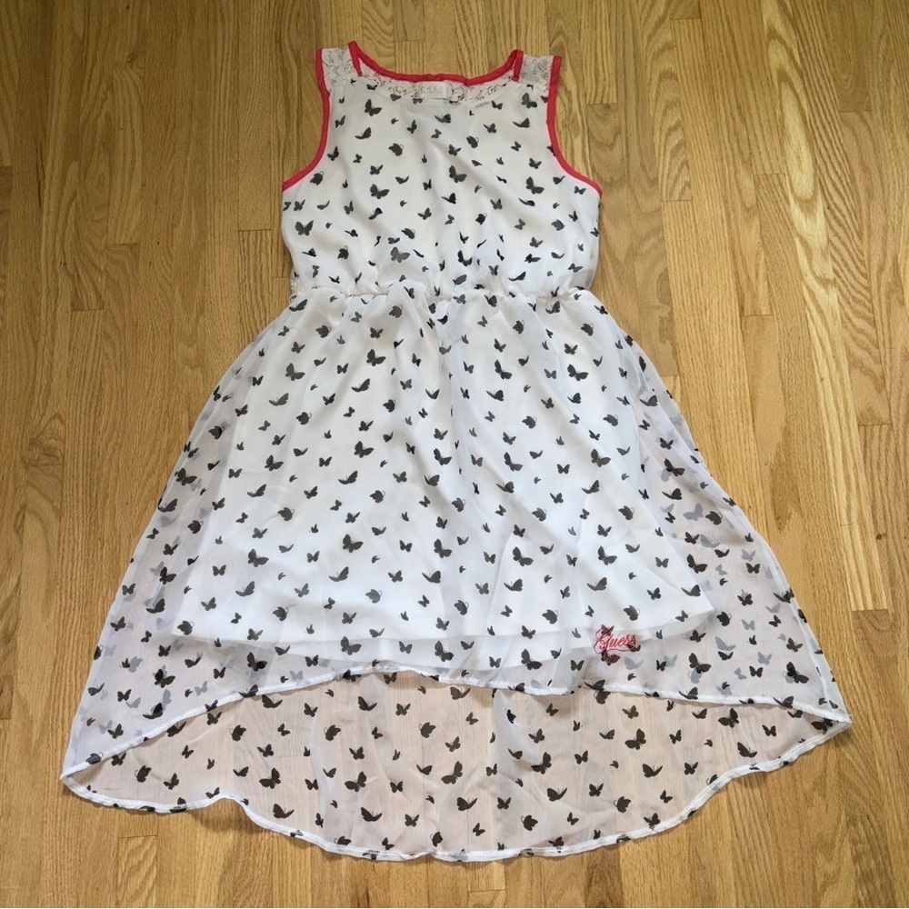 Guess Girls White & Pink Black Butterfly Sleeveless Lined High Low Hem Dress